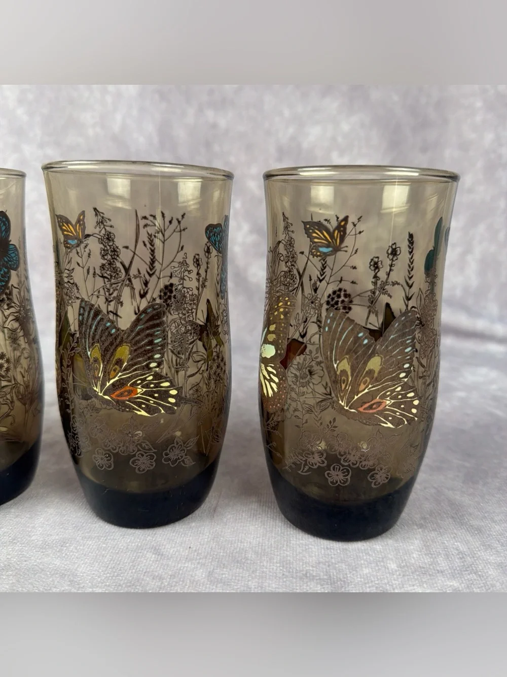 VTG Butterfly Floral Smoky Brown 16 oz Iced Tea Tumblers Set of 4 READ